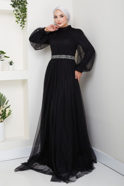 Taş Detaylı Büyük Beden Tesettür Abiye Alya - Siyah